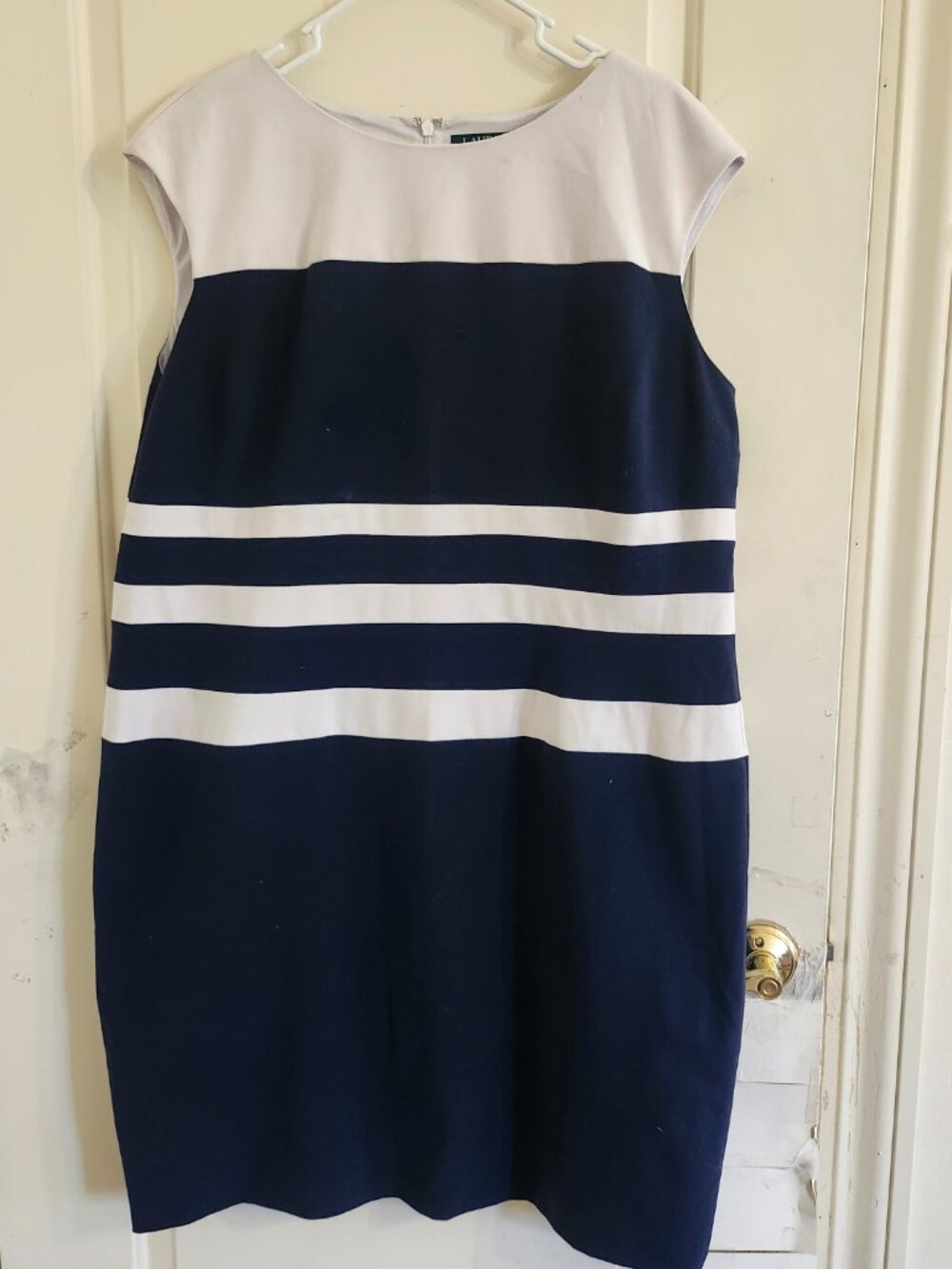 Lauren Ralph Lauren Dress Women 20W Navy Blue Stripe Sheath Sleeveless Office